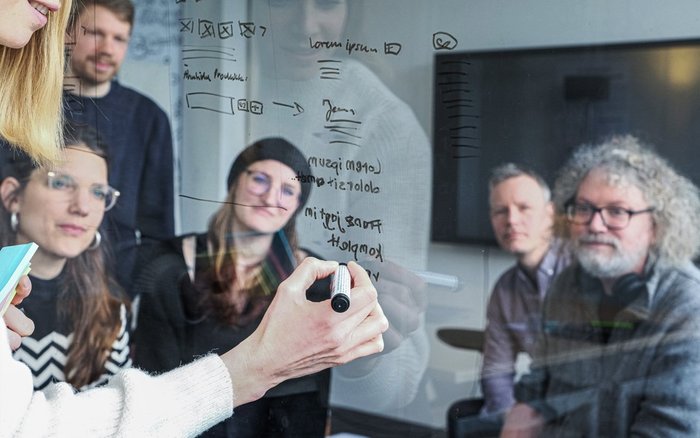 Sechs Personen aus dem Team brainstormen an einer beschreibbaren Glasscheibe.