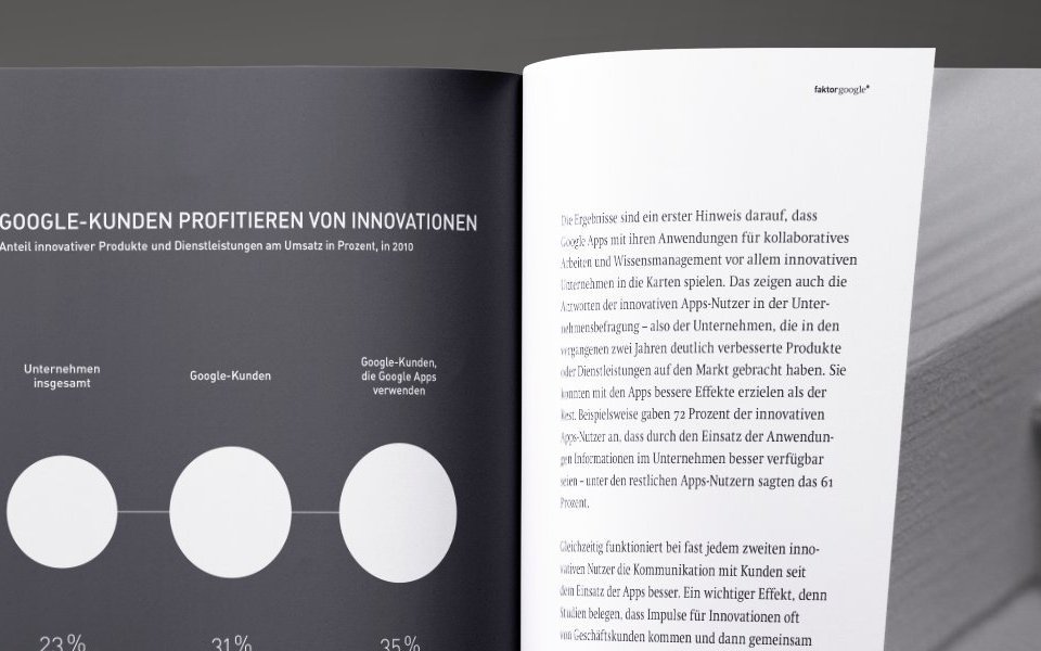 Eine Seite der Broschüre, welche aufzeigt, die Google Kunden von Innovationen profitieren. Dazu dient eine Statistik, die den Anteil innovativer Produkte und Dienstleistungen am Umsatz in Prozent angibt. Unternehmen insgesamt (23%), Google-Kunden (31%) und Google-Kunden, die Google Apps verwenden (35%).