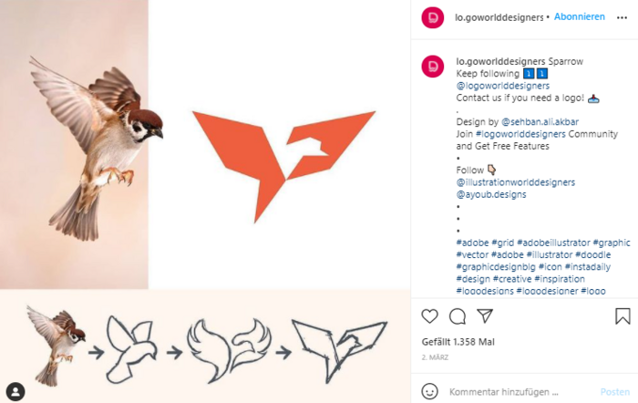 Design von lo.goworlddesigners: Screenshot eines Instagramposts, der die Designschritte von dem Foto eines Sperlings bis zu einer Skizze in Papiervogel-Optik zeigt.