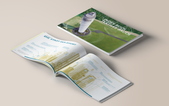 Mockup der Publikation ,Index-Buch Textiles Bauen´ mit Cover und Doppelseite, die eine große Infografik zur Stadt der Zukunft zeigt.