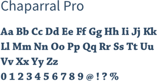 Buchstaben, Zahlen und Sonderzeichen der Schrift Chaparral Pro.