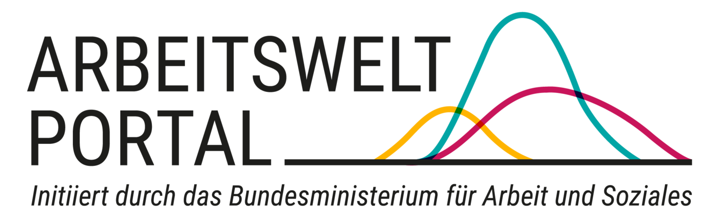 Logo des Arbeitsweltportals, initiiert durch das Bundesministerium für Arbeit und Soziales mit grauer Schrift auf schwarzem Grund und einem stilisierten farbigen Liniendiagramm.