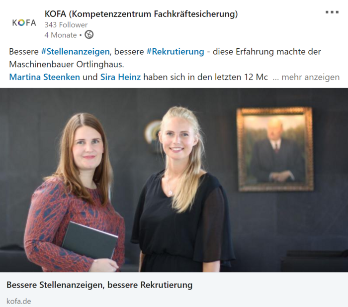 Screenshot eines KOFA-Beitrags auf LinkedIn zum Thema Rekrutierung durch bessere Stellenanzeigen - im Bild: Martina Steenken und Sira Heinz.