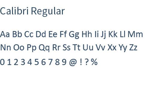 Hier wird eine Übersicht der verwendeten Schriftart 'Calibri Regular' gezeigt. Diese Schriftart ist recht klar und serifenlos.