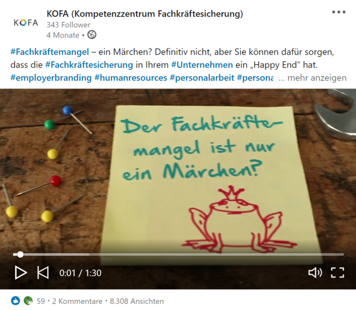 Screenshot eines KOFA-Videos auf LinkedIn zum Thema Fachkräftemangel.