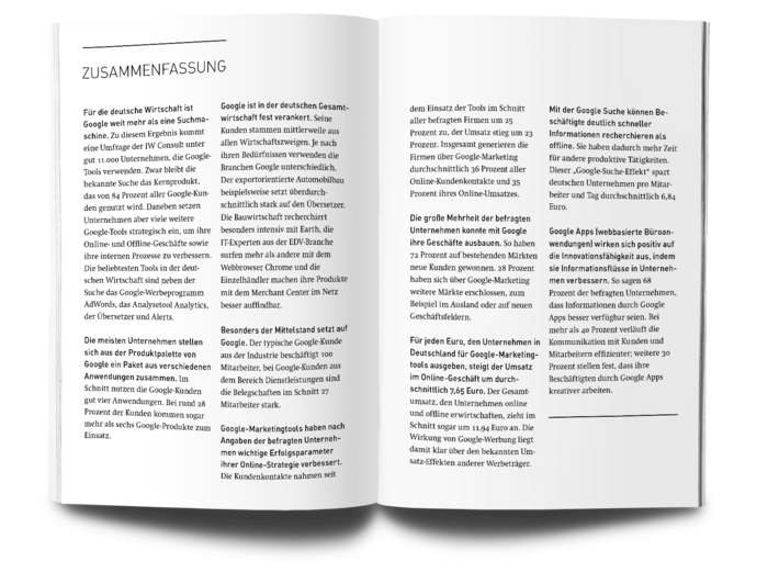 Mockup einer Text-Doppelseite aus der IW Studie zur Google-Nutzung durch deutsche Unternehmen.