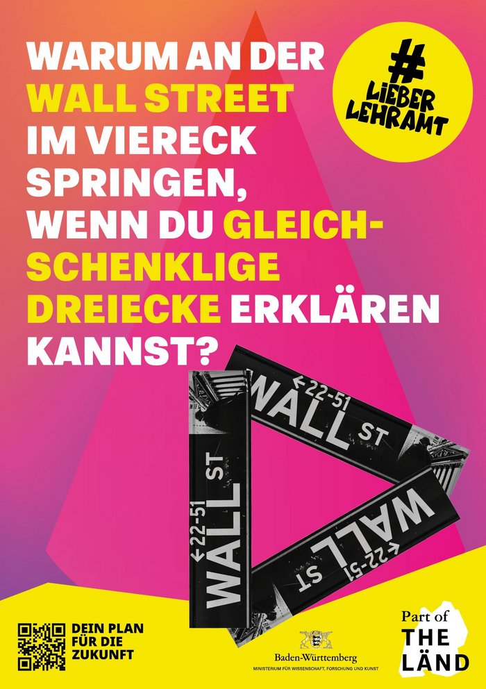 Drei Strassenschilder mit der Aufschrift 'Wall Street' sind im Dreieck angeordnet. Darüber steht der Text: 'Warum an der Wall Street im Viereck springen, wenn du gleichschenklige Dreiecke erklären kannst?'.'
