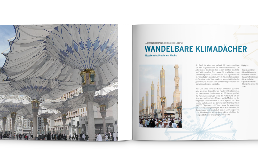 Querformatige Doppelseite zum Thema Leichtbau und wandelbare Klimadächer am Beispiel der Moschee des Propheten in Medina.
