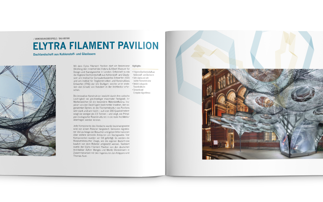 Querformatike Doppelseite zum Thema Bau-Bionik und Dächern aus Glas- und Kohlenstofffasern am Beispiel des Elytra Filament Pavilions.