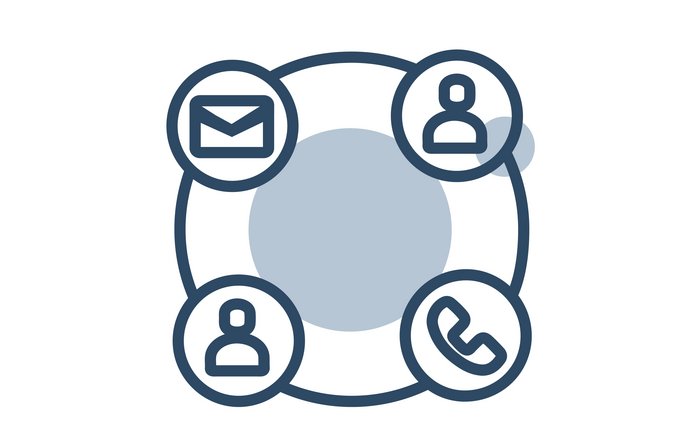 Eine Kreisgrafik, in der oben Links ein Mail-Icon gezeigt wird, rechts davon ist eine Person stilisiert, darunter ein Telefonhörer und unten links noch einmal eine Person.