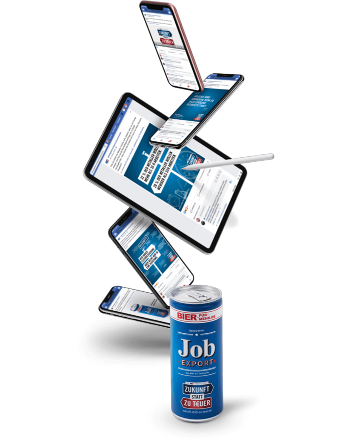 Schwebende Elemente, die mit der Botschaft des Arbeitgeberverbands Gesamtmetall zur Tarifrunde versehen sind: , Zukunft statt zu teuer´ auf einer Bierdose, auf Smartphone- und auf Tablet-Displays.