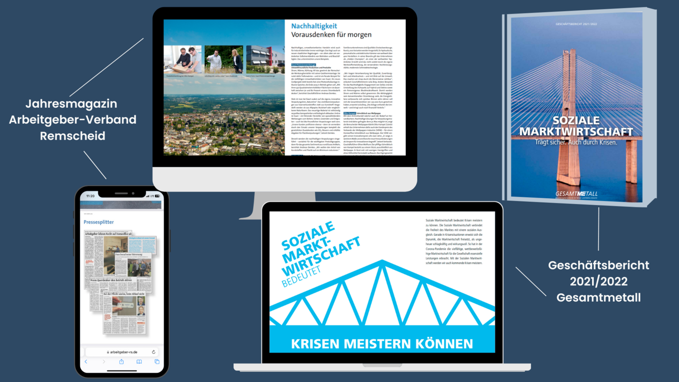 Mobile und Desktop-Ansicht des Jahresmagazins des Arbeitgeber-Verbands Remscheid sowie Mockup und Desktopansicht des Geschäftsbericht des Arbeitgeberverbands Gesamtmetall 2021/22.