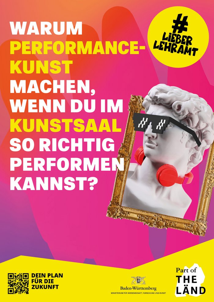 Es ist die David Statue von Michelangelo zu sehen, welche eine Sonnenbrille und rote Kopfhörer trägt. Dazu der Text - Warum Performancekunst machen, wenn du im Kunstsaal so richtig performen kannst?