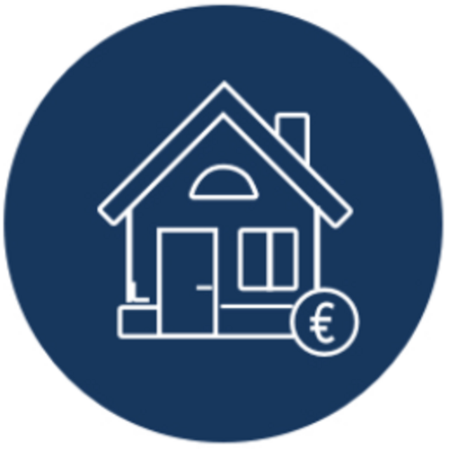 Icon mit einem Haus und einer Euro-Münze als Symbol für Haushalt und Geld.
