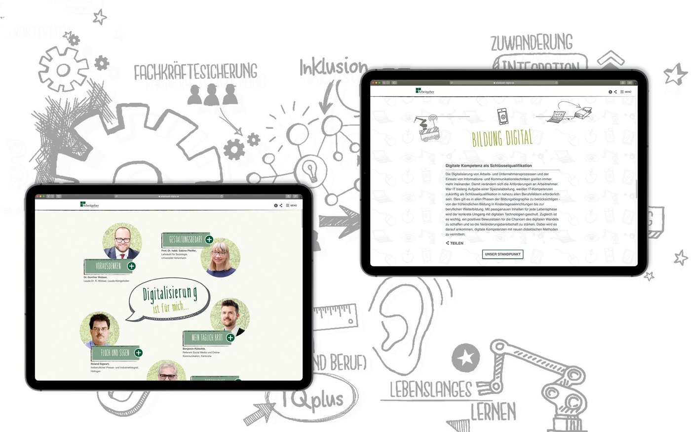 Hier sind zwei Ansichten der Website auf einem Tablet eingeblendet. Einmal eine Seite 'Digitalisierung ist für mich ...' in der unterschiedliche Personen Ihre Meinung zu dem Thema nennen. Des weiteren eine Unterseite 'Bildung Digital', welche eine Erklärung liefert, weshalb digitale Kompetenz wichtig ist.