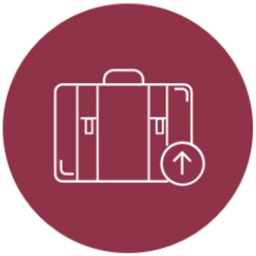 Icon mit einem Koffer und aufwärts gerichtetem Pfeilsymbol als Symbol für Berufsorientierung und Arbeitsmarkt.