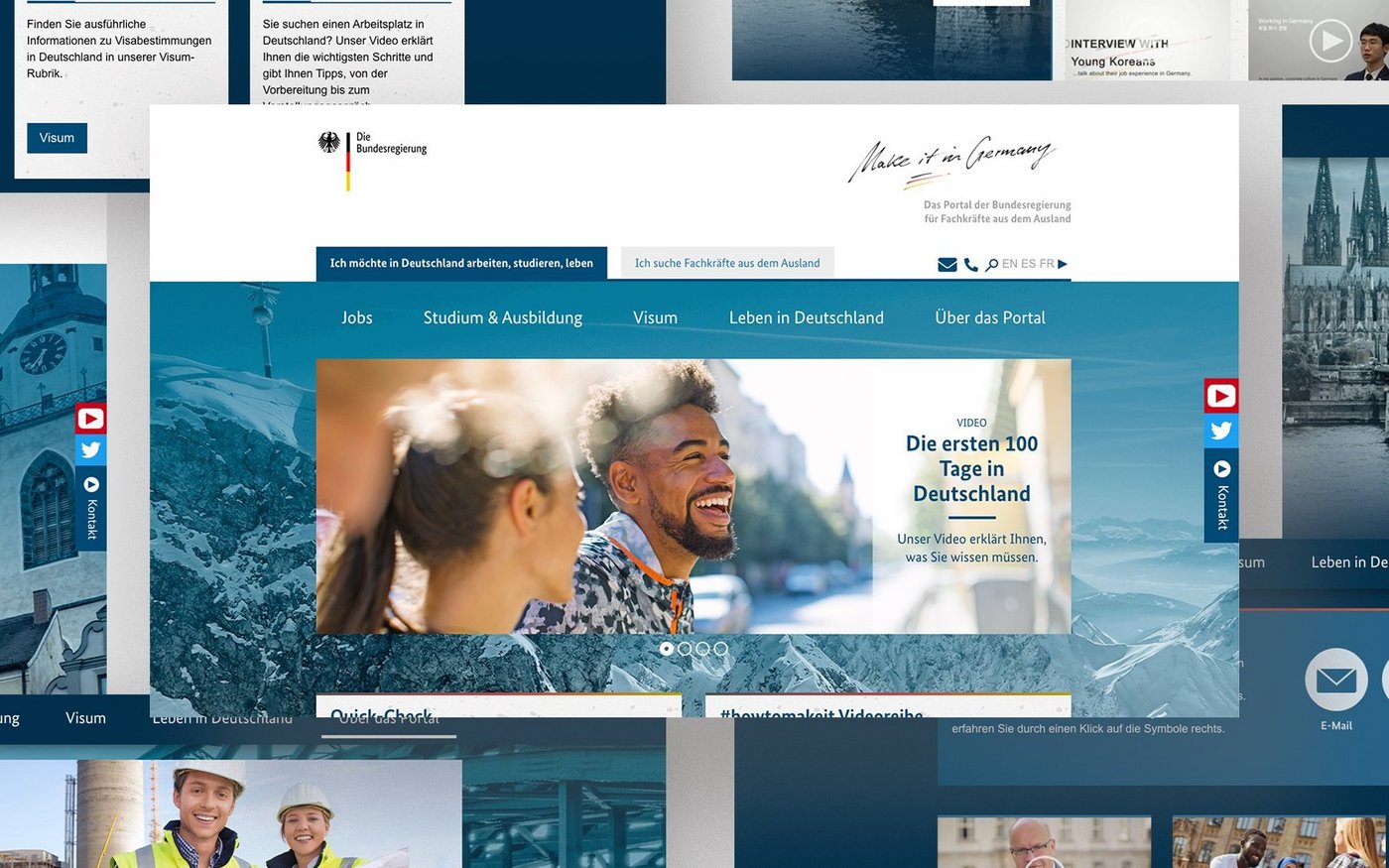 Eine Kollage aus Inhalten der Webseite 'Make it in Germany'. Im Mittelpunkt steht dabei ein Teaser zu einem Video mit dem Titel - Die ersten 100 Tage in Deutschland.