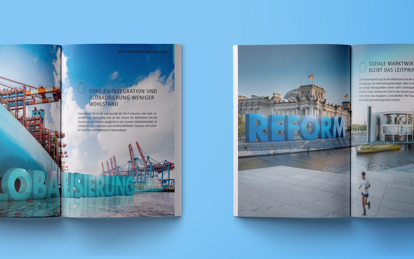 Foto: IW Medien Mockups von 2 Magazindoppelseiten mit bildstarken doppelseitigen Fotos, großen Headlines in 3-D-Optik, Dachzeilen und Teasertexten.