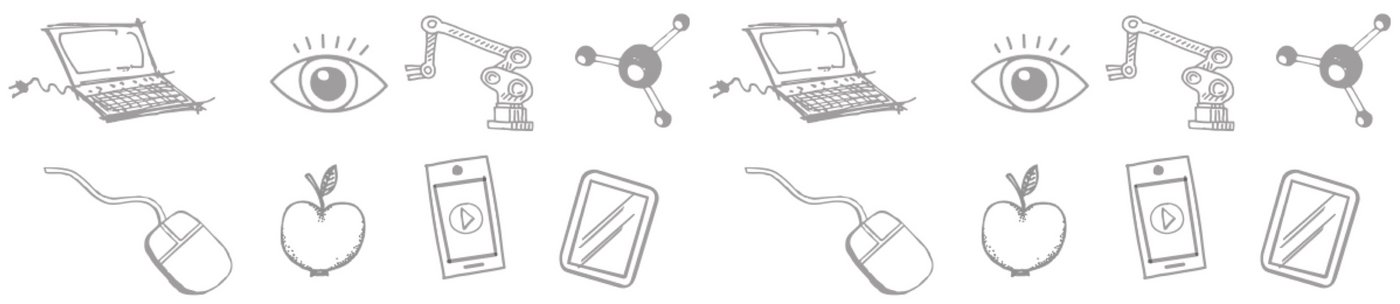 Grafiken im Stil der Reißbrettoptik, wie sie auf der Webseite eingesetzt werden. Zu sehen sind beispielsweise ein Laptop, ein Auge, ein Roboterarm, ein Apfel und mehrere technische Geräte.