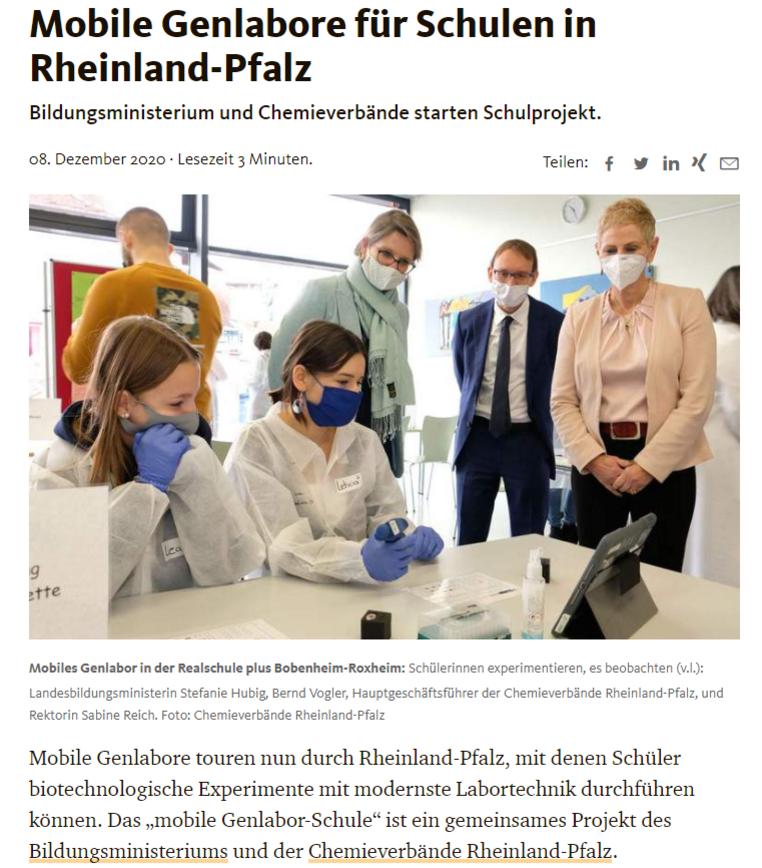 Screenshot einer News auf wir-hier.de über mobile Genlabore für Schulen in Rheinland-Pfalz.