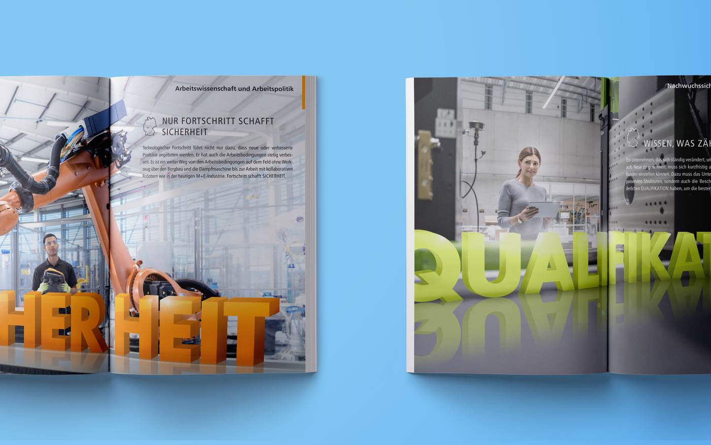 Foto: IW Medien Dieses Mockup zeigt zwei Magazindoppelseiten jeweils mit bildstarkem, doppelseitigem Foto, großer farbiger Headline-Typo in 3-D-Optik, Dachzeile und Teasertext.