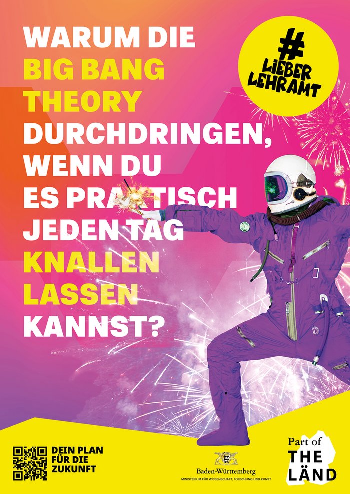 Es ist ein Astronaut zu sehen, um welchen herum Feuerwerk zu erkennen ist. Dazu der Text - Warum die Big Bang Theory durchdringen, wenn du es praktisch jeden Tag knallen lassen kannst?