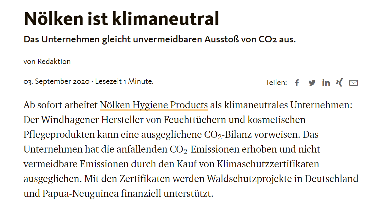Screenshot der News von 2020 von der Webseite www.wir-hier.de, dass das Unternehmen Nölken ab sofort klimaneutral arbeitet..