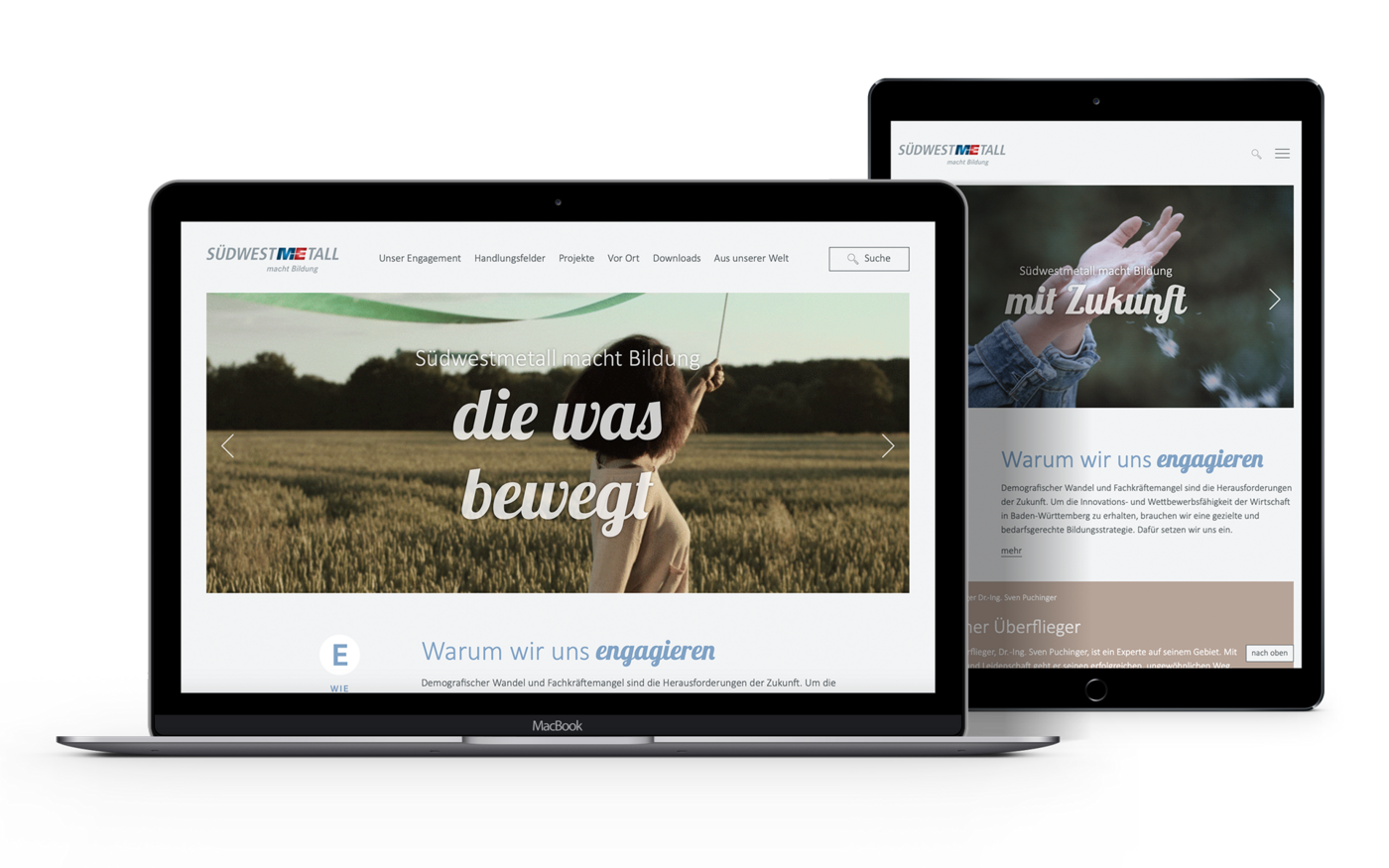 Foto: IW Medien. Notebook- und Tablet-Ansicht der Webseite www.suedwestmetall-macht-bildung.de.