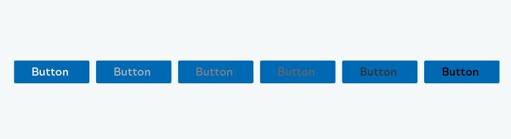 Blaue Buttons mit Schrift in unterschiedlichen Farben, von denen die meisten zu wenig Kontrast zum Hintergrund bieten und daher schwer lesbar sind.