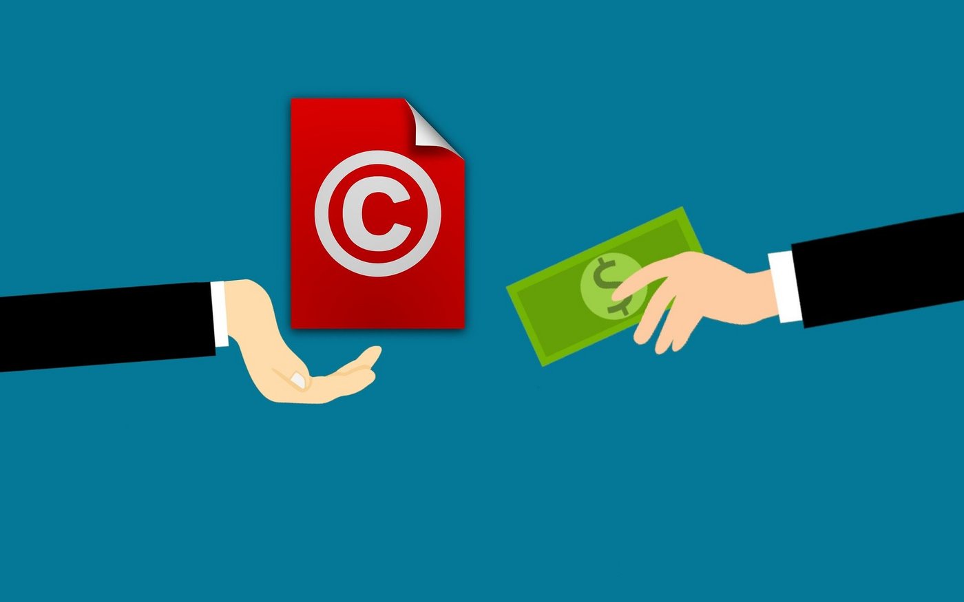 Urheberrecht Es sind zwei Arme stilisiert. Ein Arm reicht ein Dokument mit dem Copyright Zeichen in die Mitte, der zweite Arm streckt einen Geldschein in die Mitte.