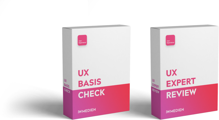 Die beiden User-Experience-Leistungspakete von IW Medien, der UX Basis Check und der UX Expert Review, stehen in Software-Paket-Optik nebeneinander.