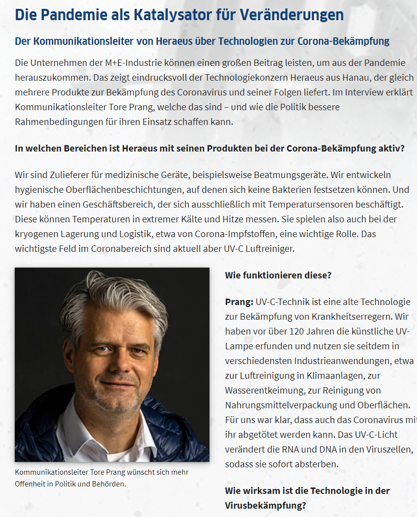Screenshot eines Interviews mit Tore Prang von Heraeus über Technologien zur Corona-Bekämpfung.