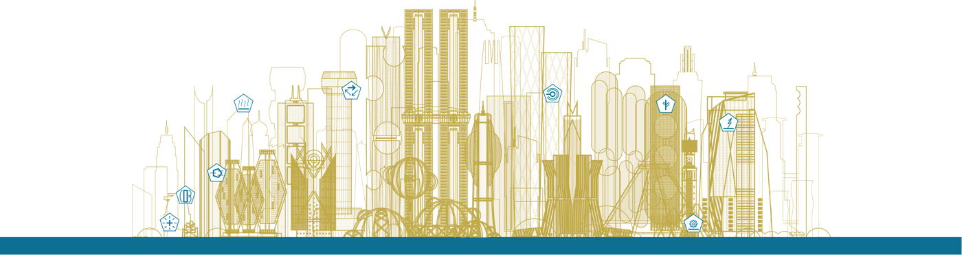 Stilisierte Großstadt-Skyline in CAD-Optik mit Icons für unterschiedliche Prozesse.