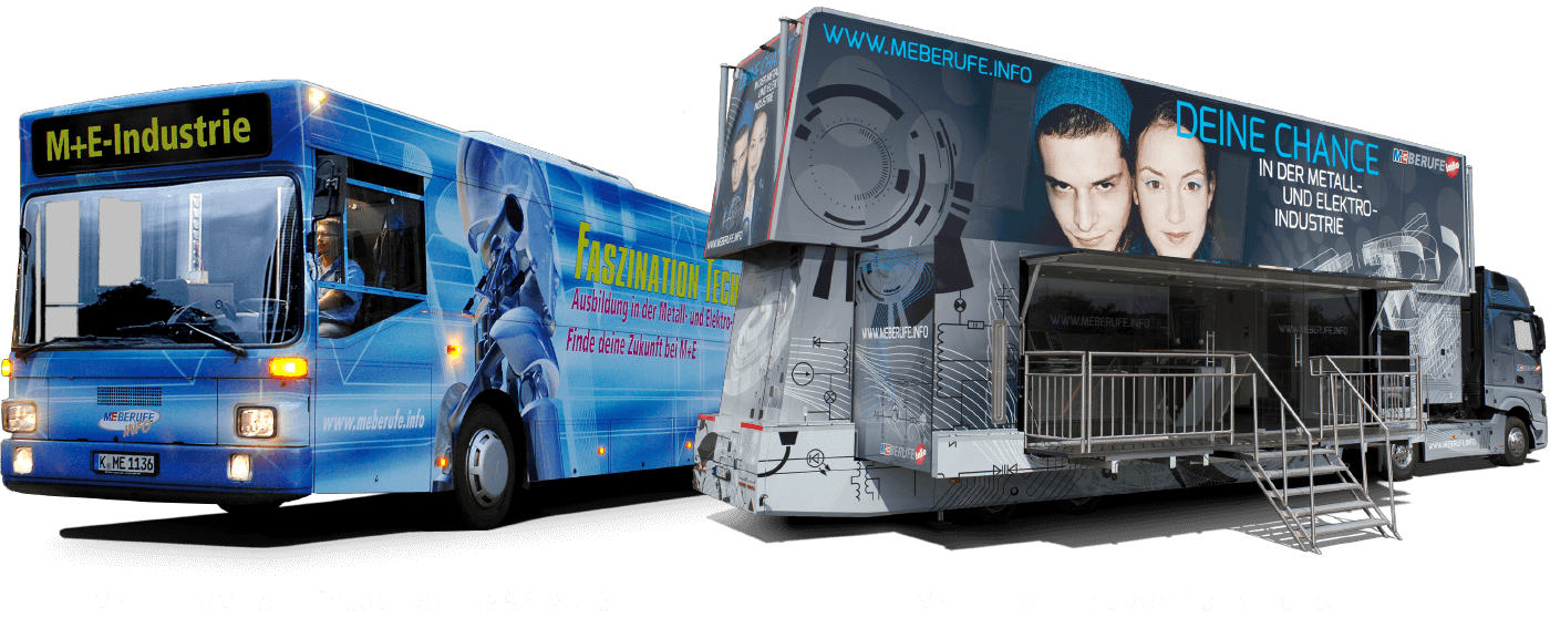 Zum Vergleich stehen der M+E-Industrie-Infobus, der von 1988 bis 2013 im Einsatz war, und der M+E-InfoTruck, der seit 2014 im Einsatz ist, nebeneinander.