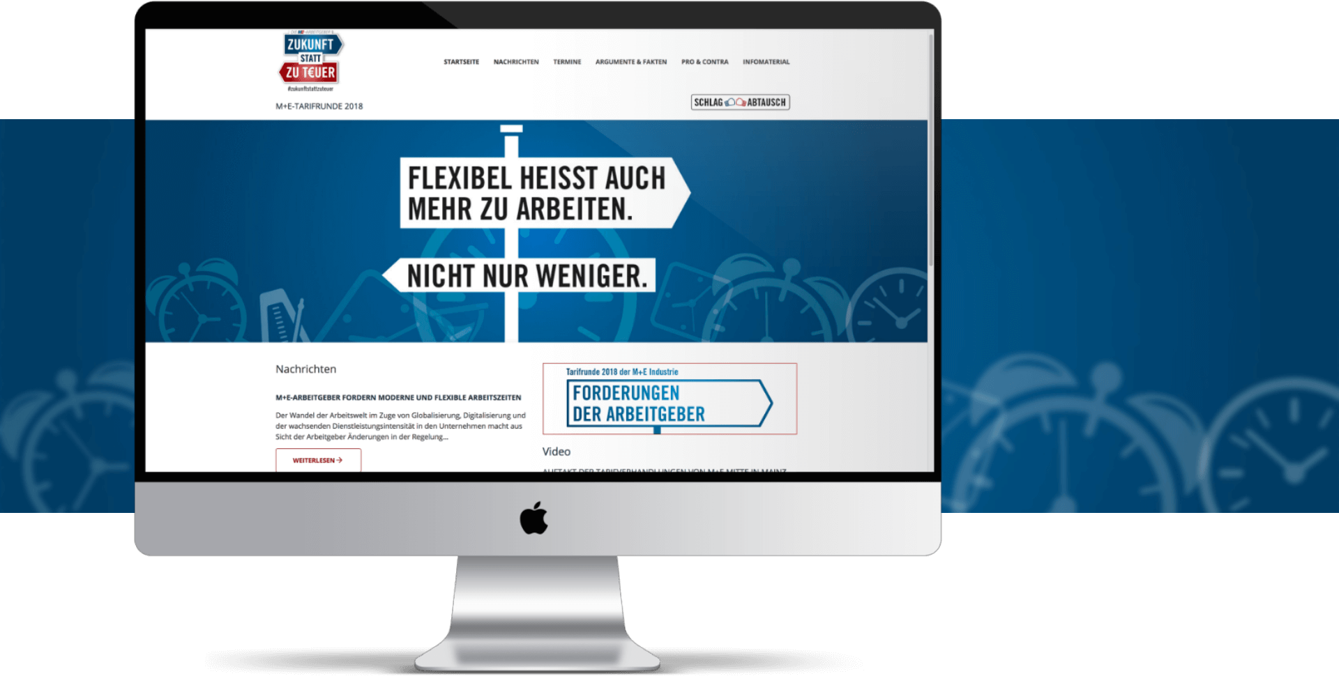 Desktopansicht des Tarif-Banners des Arbeitgeberverbands Gesamtmetall mit der Botschaft: Flexibel heißt auch mehr zu arbeiten. Nicht nur weniger.