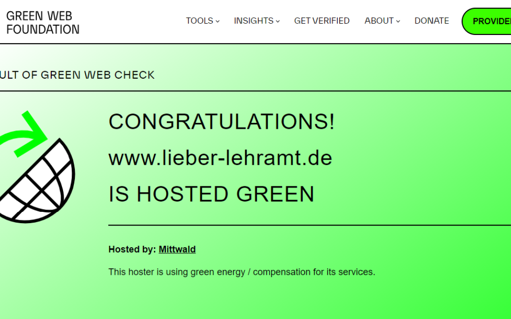 Screenshot der Bestätigung der Green Web Foundation, dass www.lieber-lehramt.de grün gehosted wir.d
