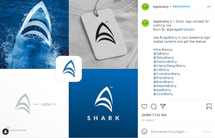 Design von logobrainy: Ein Instagram Feedpost zeigt die Umsetzung eines Hai-Fotos in ein Logo mit stilisiertem Hai-Maul.