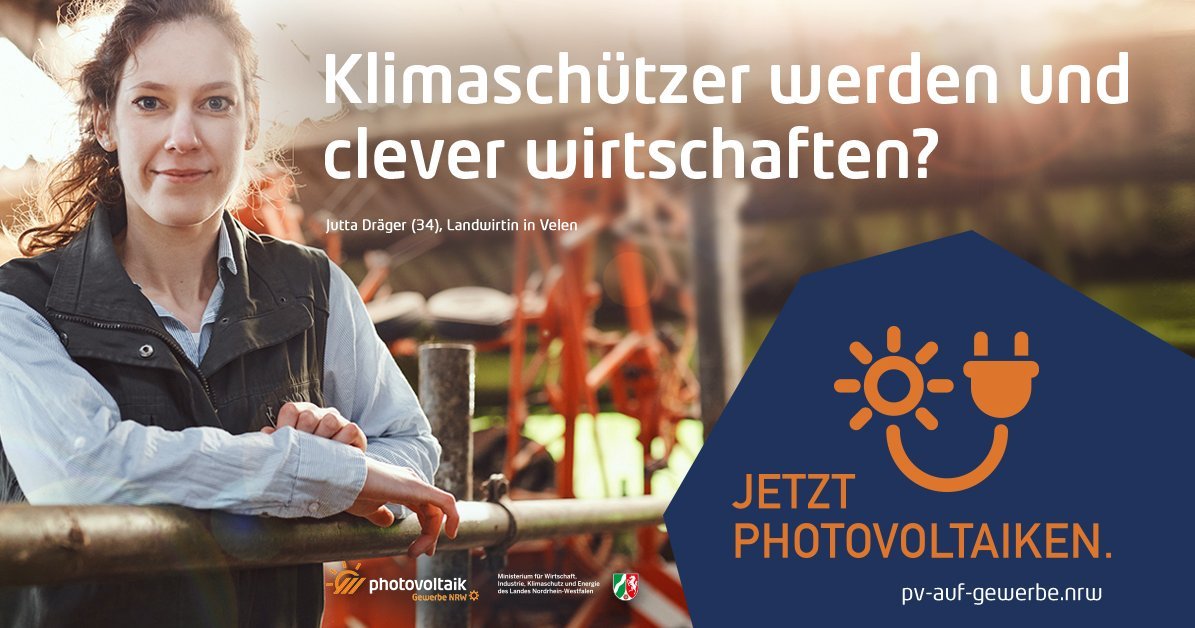 Es ist eine glücklich wirkende Frau an einem Geländer zu sehen. Dazu groß der Text 'Klimaschützer werden und clever Wirtschaften?'. Weiterhin ist der Claim zu erkennen 'Jetzt photovoltaiken!'.